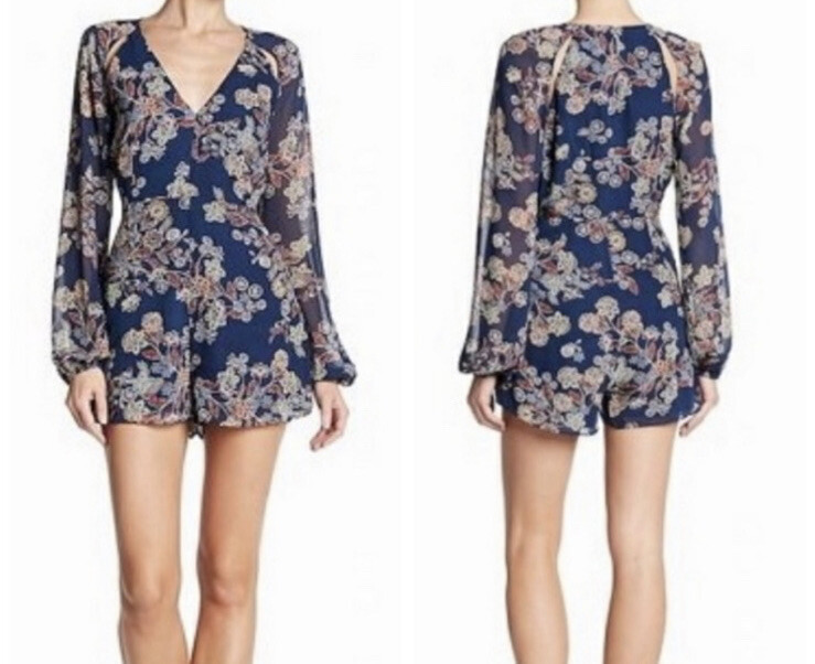 Line + Dot Floral Romper Sheer Long Sleeves Blue Multi size M