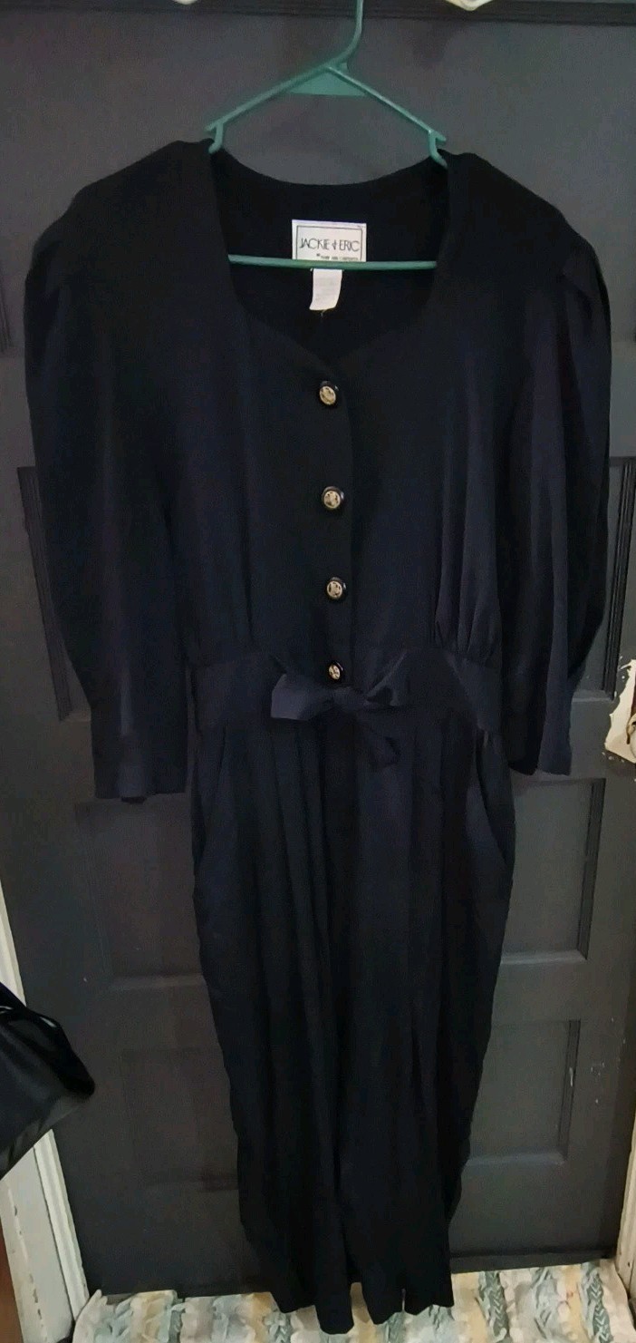 Vtg Jackie & Eric Black Jumpsuit Womens M/L Sweetheart Neck Puff Sleeve Goth 70s