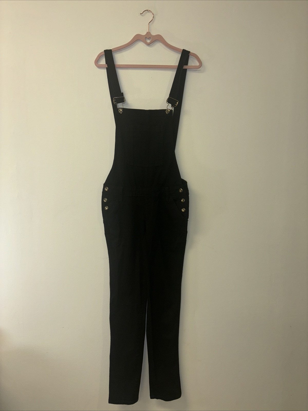 Kancan Womens Sz S Black Distressed Stretch Overalls Bibs USA 99% Cotton Buttons