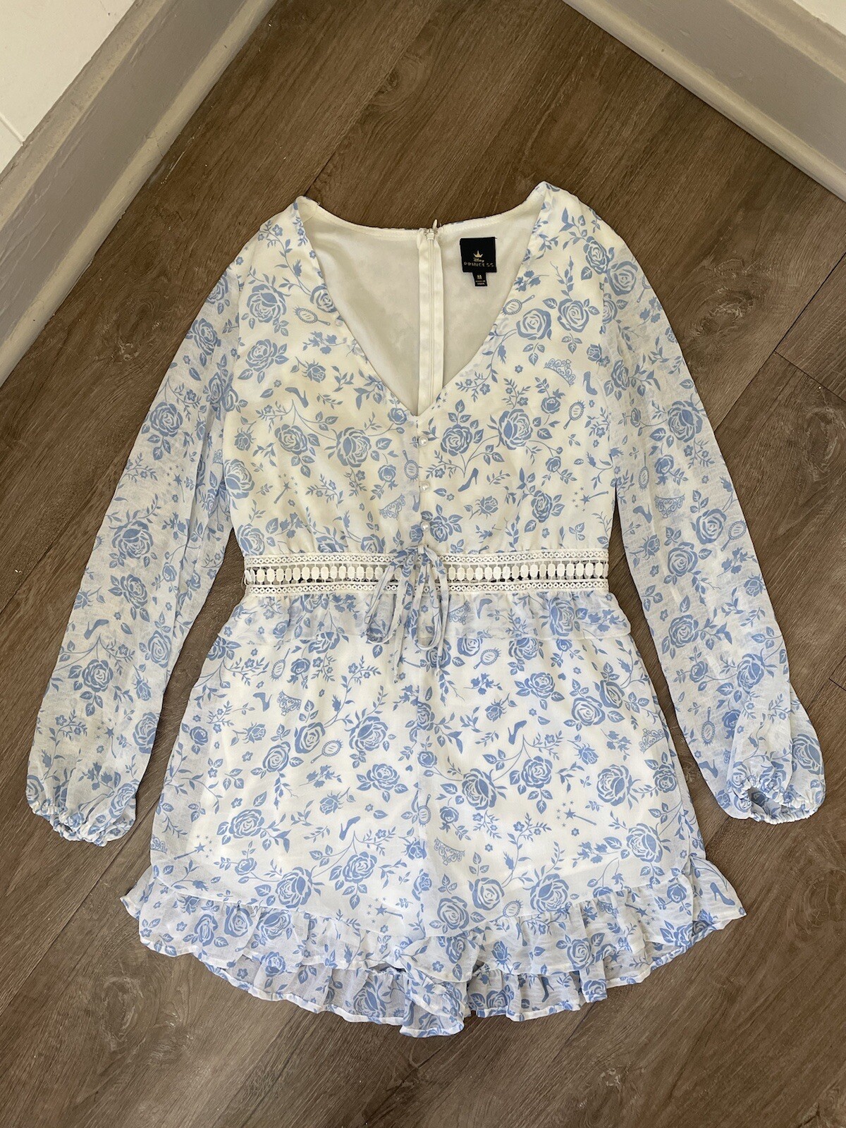 Disney Princess White Blue Floral Long Sleeve Lined Romper ~ FLAWED ~ Size M