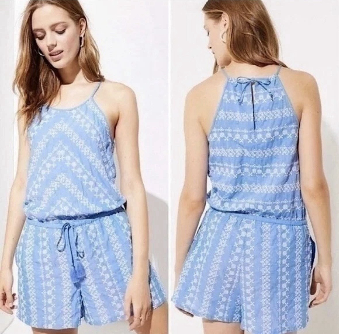 LOFT Romper Women’s Blue White Eyelet Cotton Lightweight Pockets Size M