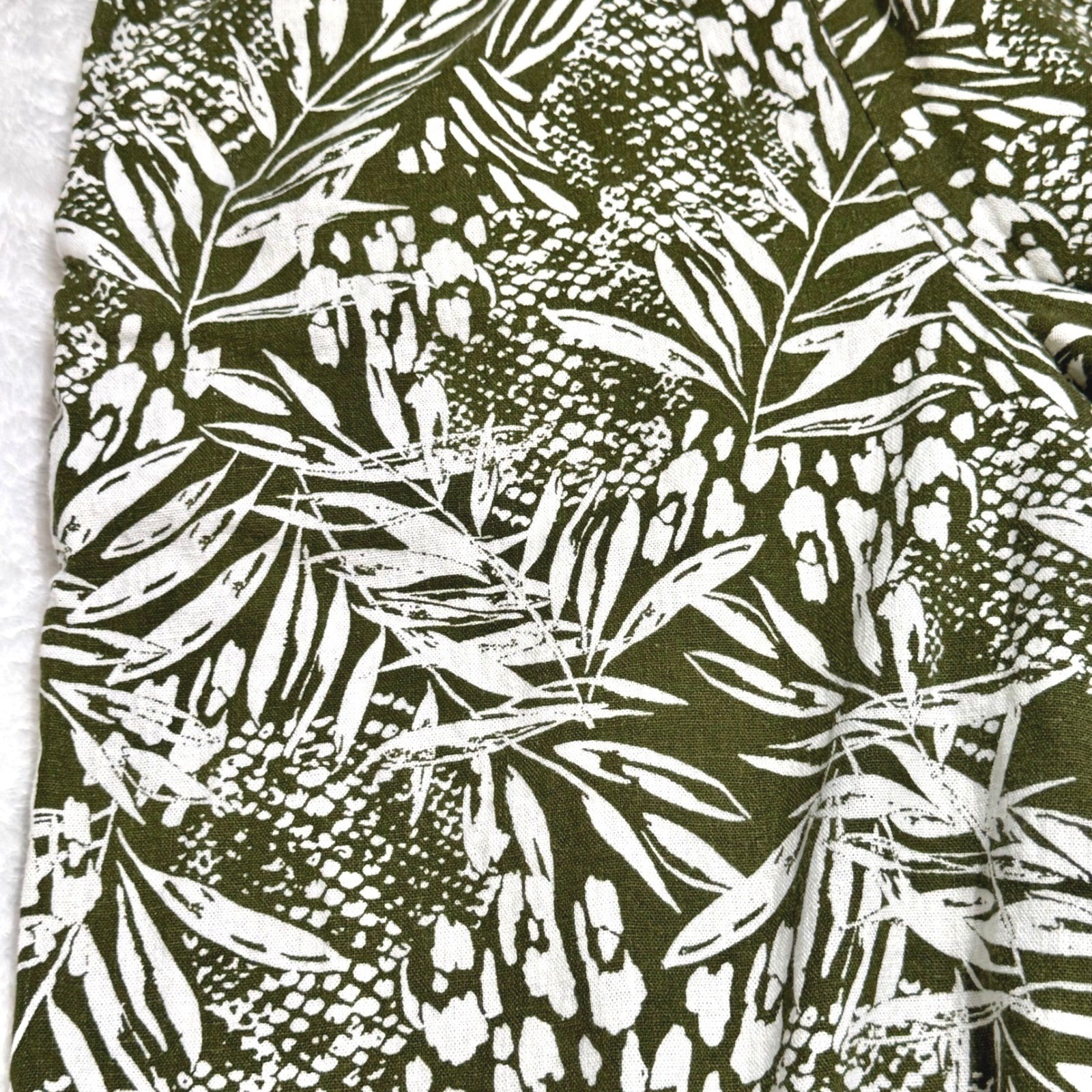 Nicole Miller NY Olive Green Tropical Palm Print Linen Jumpsuit XS Wide Leg