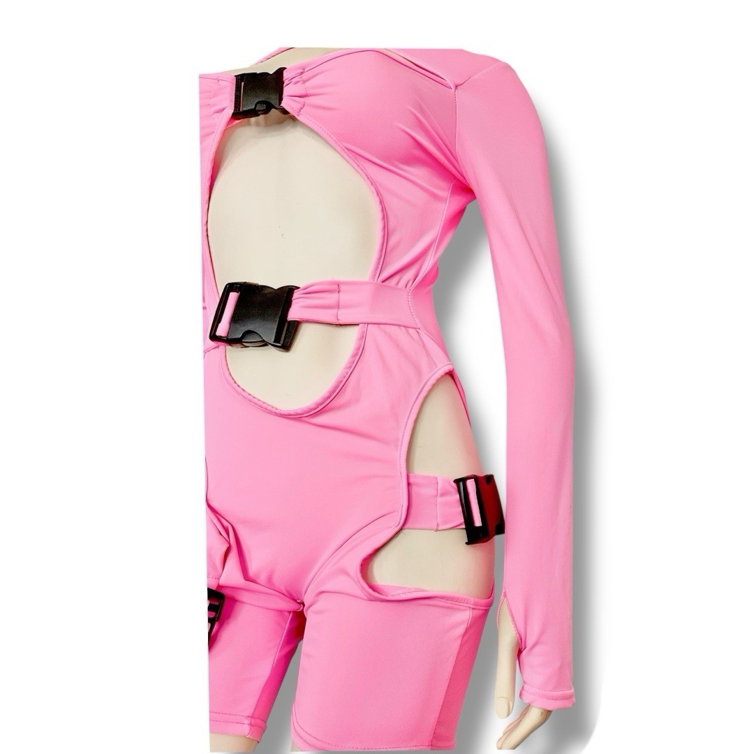 Pink High Neck Long Sleeve Romper Cut-Out Buckle Zip Stretch Party Size L
