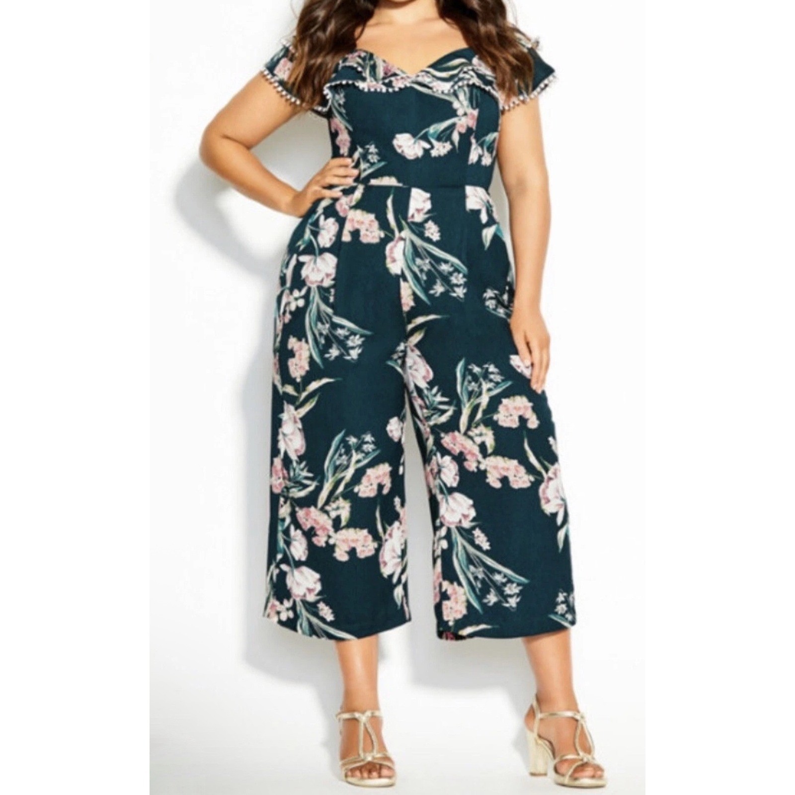City Chic NWT Green Floral Jumpsuit L 20 Wide Leg Off Shoulder Pom Pom Trim NEW