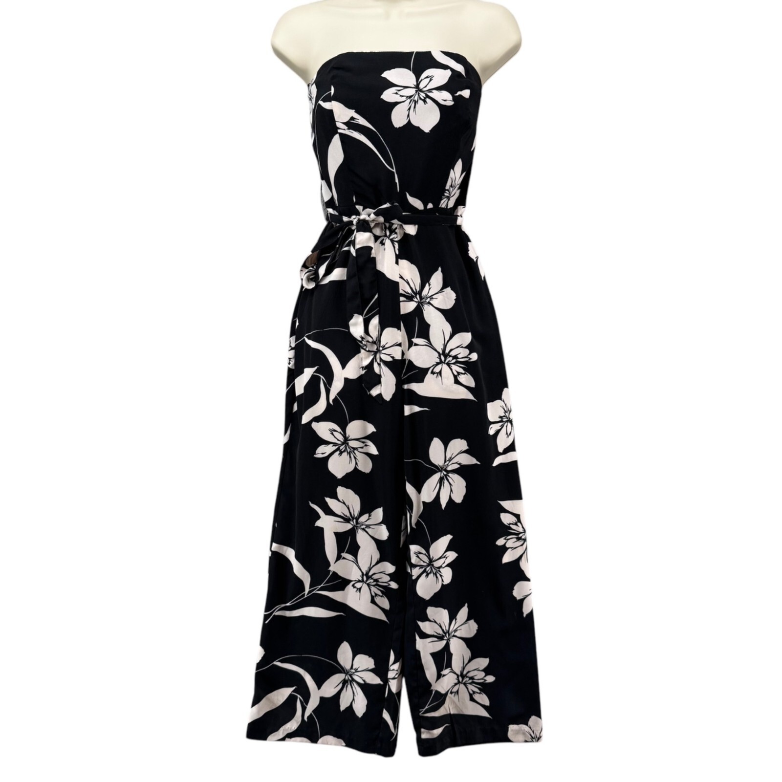 Willow Ryan Strapless Wide Leg Jumpsuit Womens Black White Floral Belted Size S
