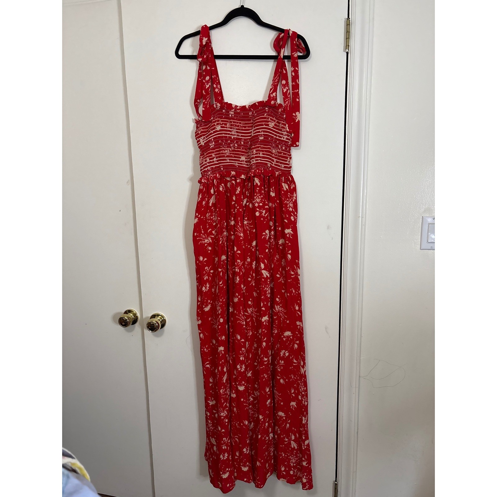 Free People Red Floral Smocked Wide Leg Jumpsuit Tie Shoulder Straps Medium