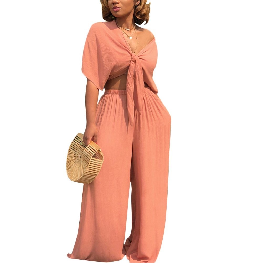 Aro Lora Womens 2 Piece Outfit Jumpsuit Short Sleeve V Neck Tie up Crop Top