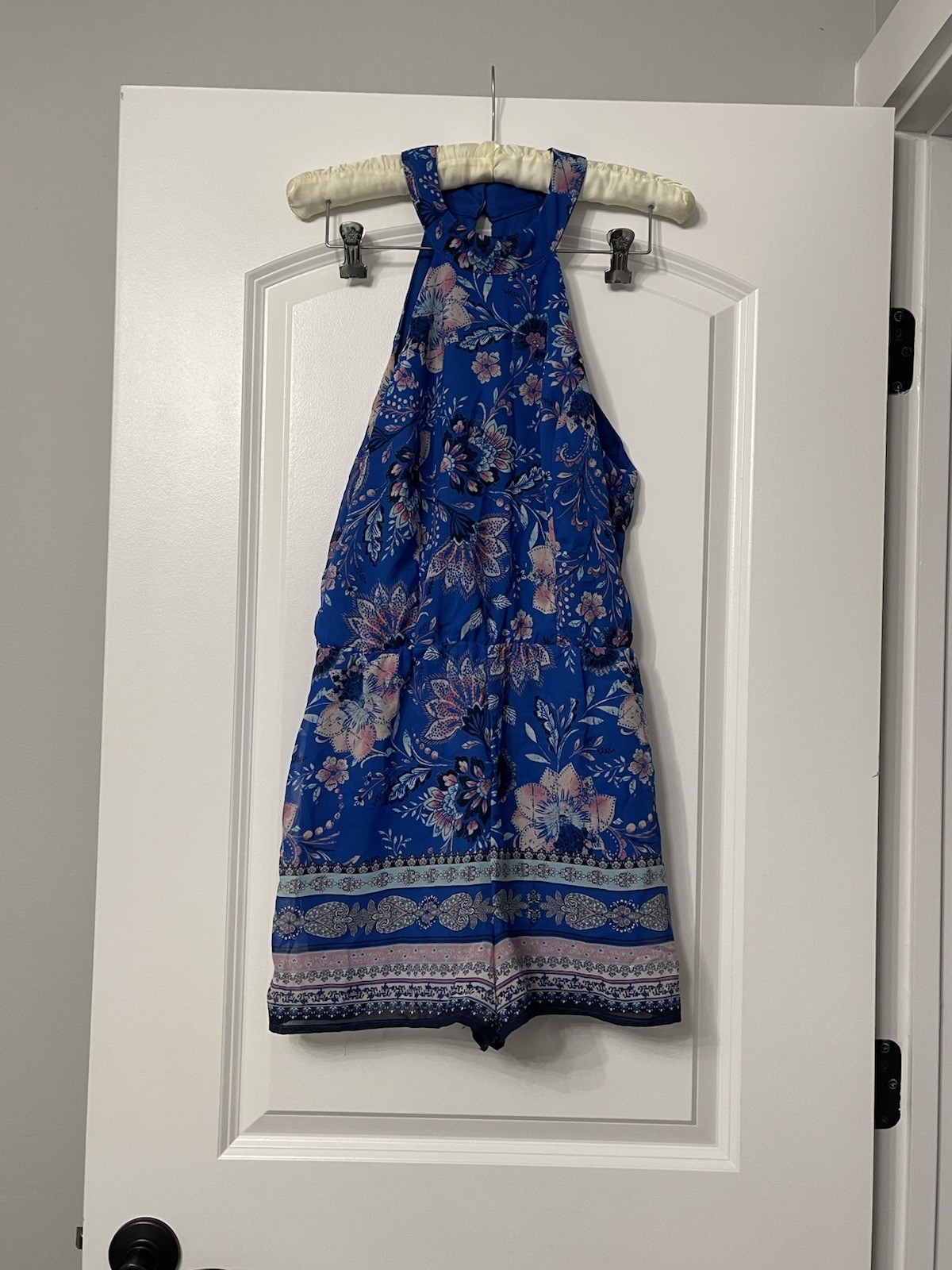 Coastal Blue Floral Romper M Women High Neck Jumpsuit Short Festival Outfit Boho