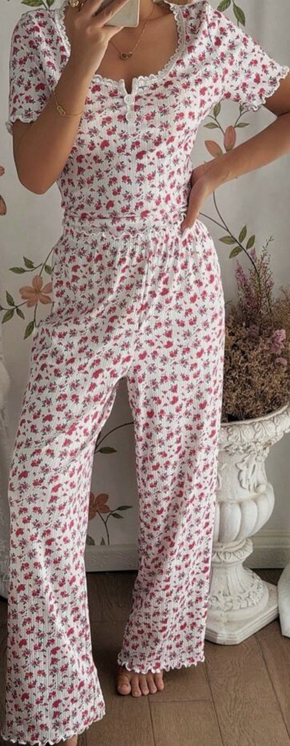 All to Fashion Floral Lace Trim Jumpsuit, Button Front, Wide-Leg, M