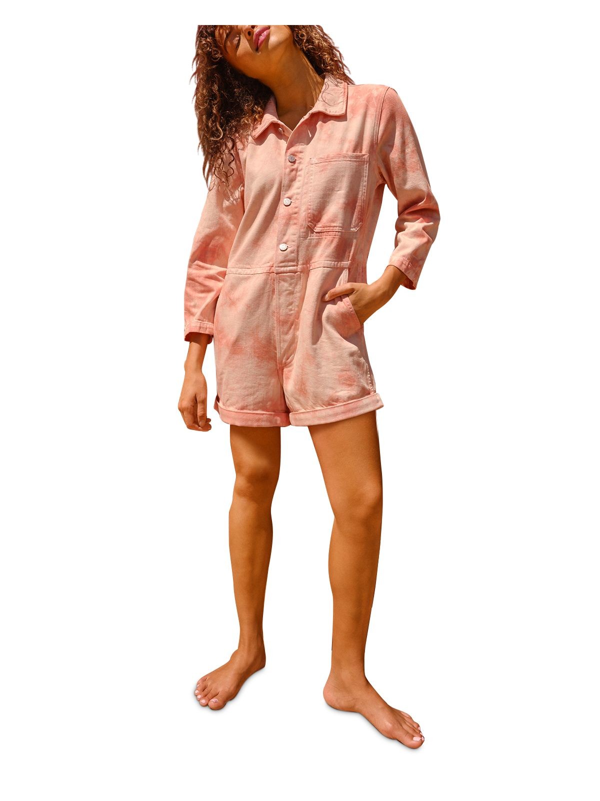 AMO Womens Romper Button Up Orange 3/4 Sleeve Elastic Waist Cuffed Hem XS