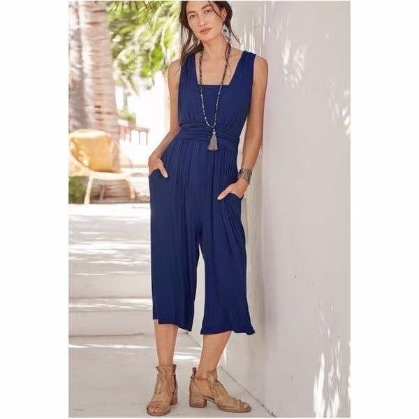 Sundance Jersey Knit Wide Leg Jumpsuit Small Blue Sleeveless Romper Lounge