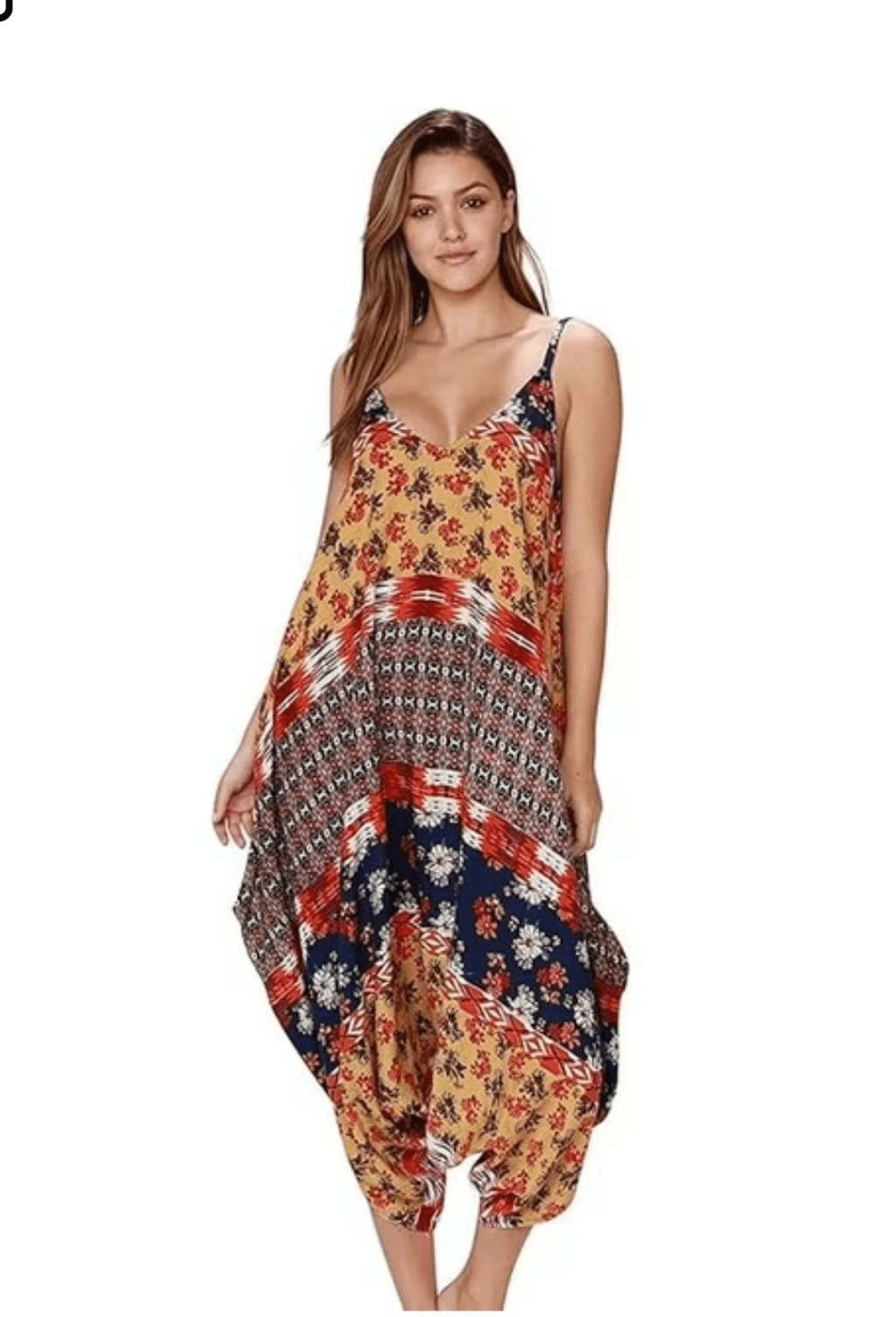Ingear Resort Harem Jumpsuit L/XL Boho Wide Leg Romper Pockets Rayon Patchwork