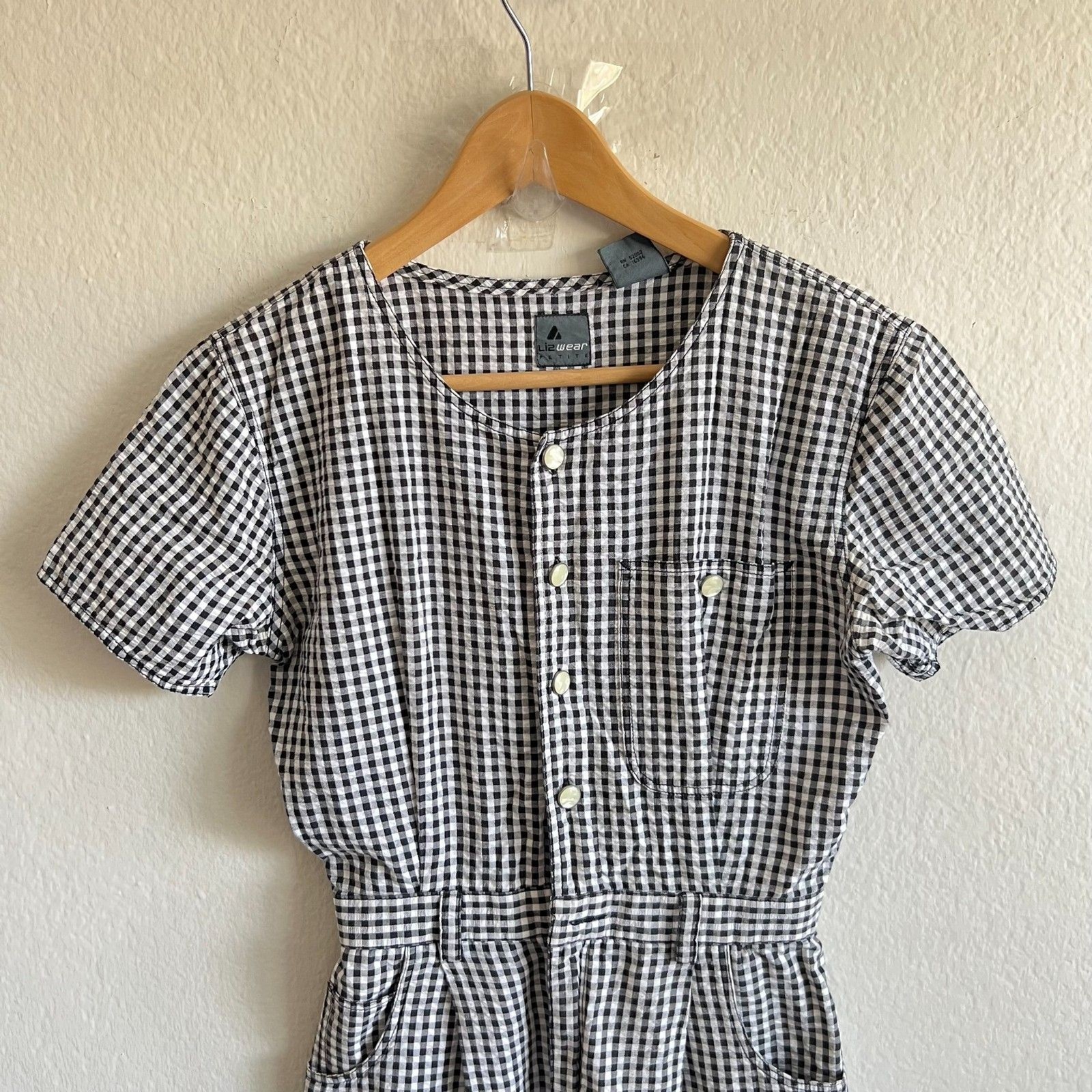 LIZ WEAR Vintage 90s Black White Gingham Short Sleeve Jumpsuit Womens 2 Petite