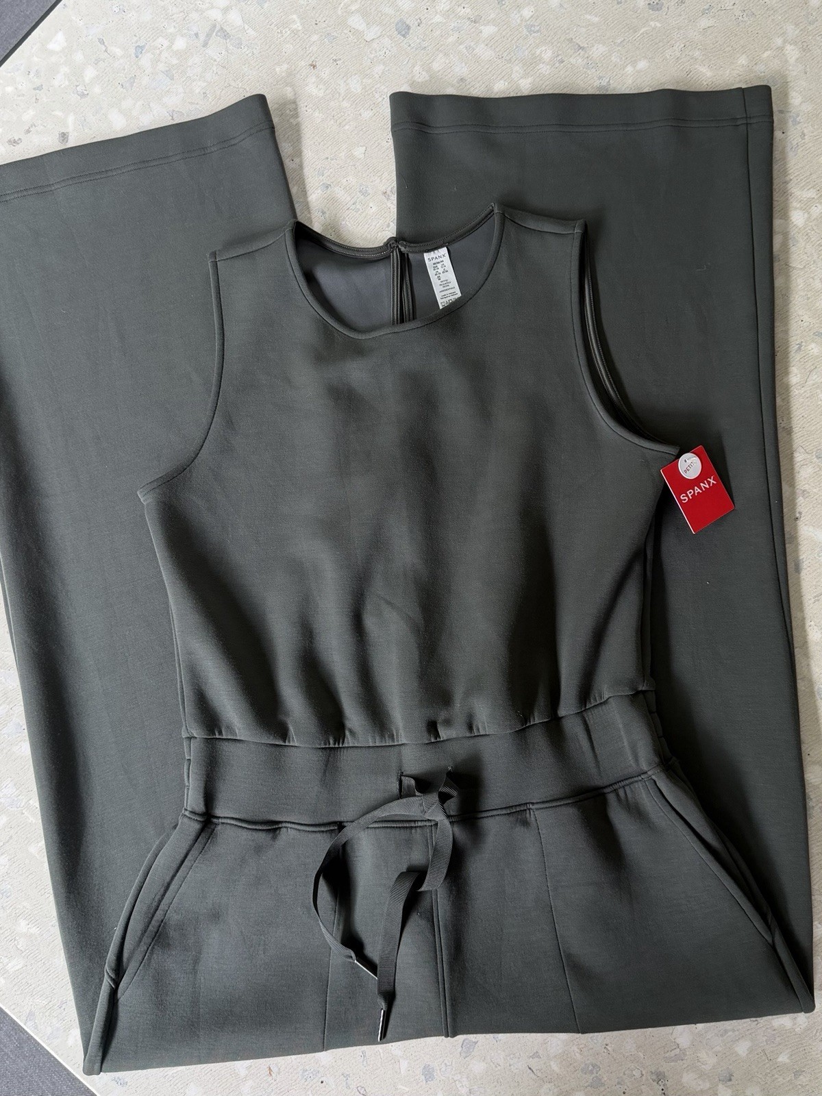 SPANX Air Essentials Jumpsuit Sleeveless Wide Leg Pockets Stretch Dark Palm Sz M