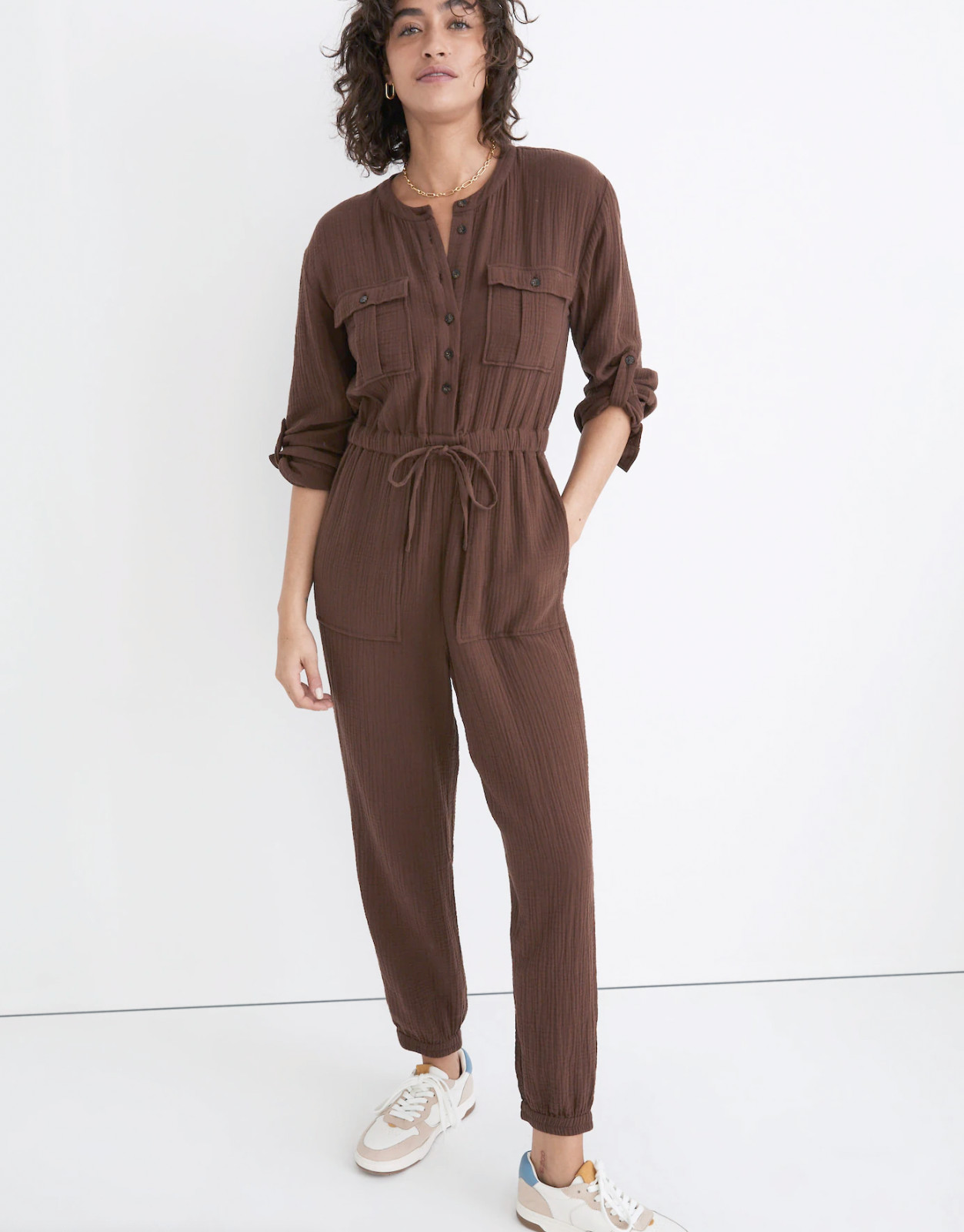 Madewell Lightspun Tapered Leg Gauze Jumpsuit Womens 0 Brown Drawstring