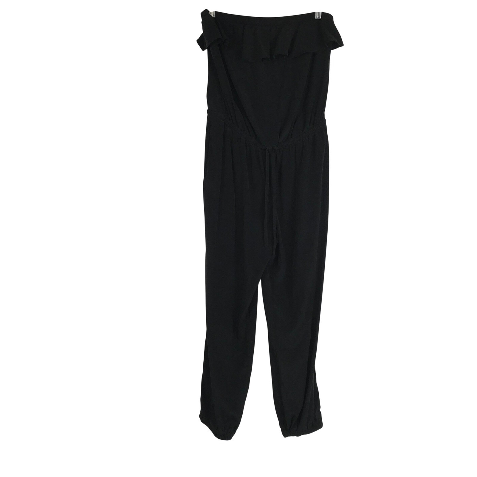 Bebe Black Ruffle Strapless Jumpsuit Pantsuit Smocked Waist Drawstring S