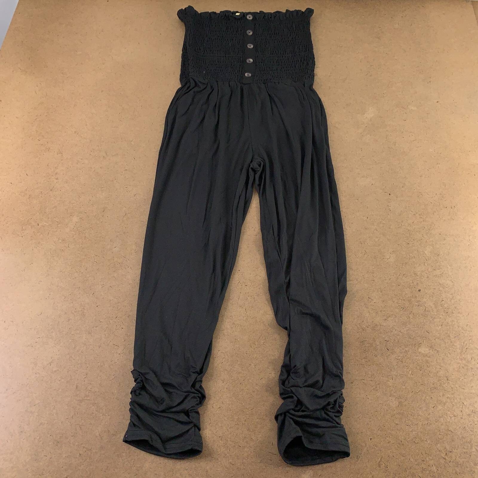 Nyc Womens Jumpsuit Black Smocked Strapless Long Skinny Slim Pull On Solid M New