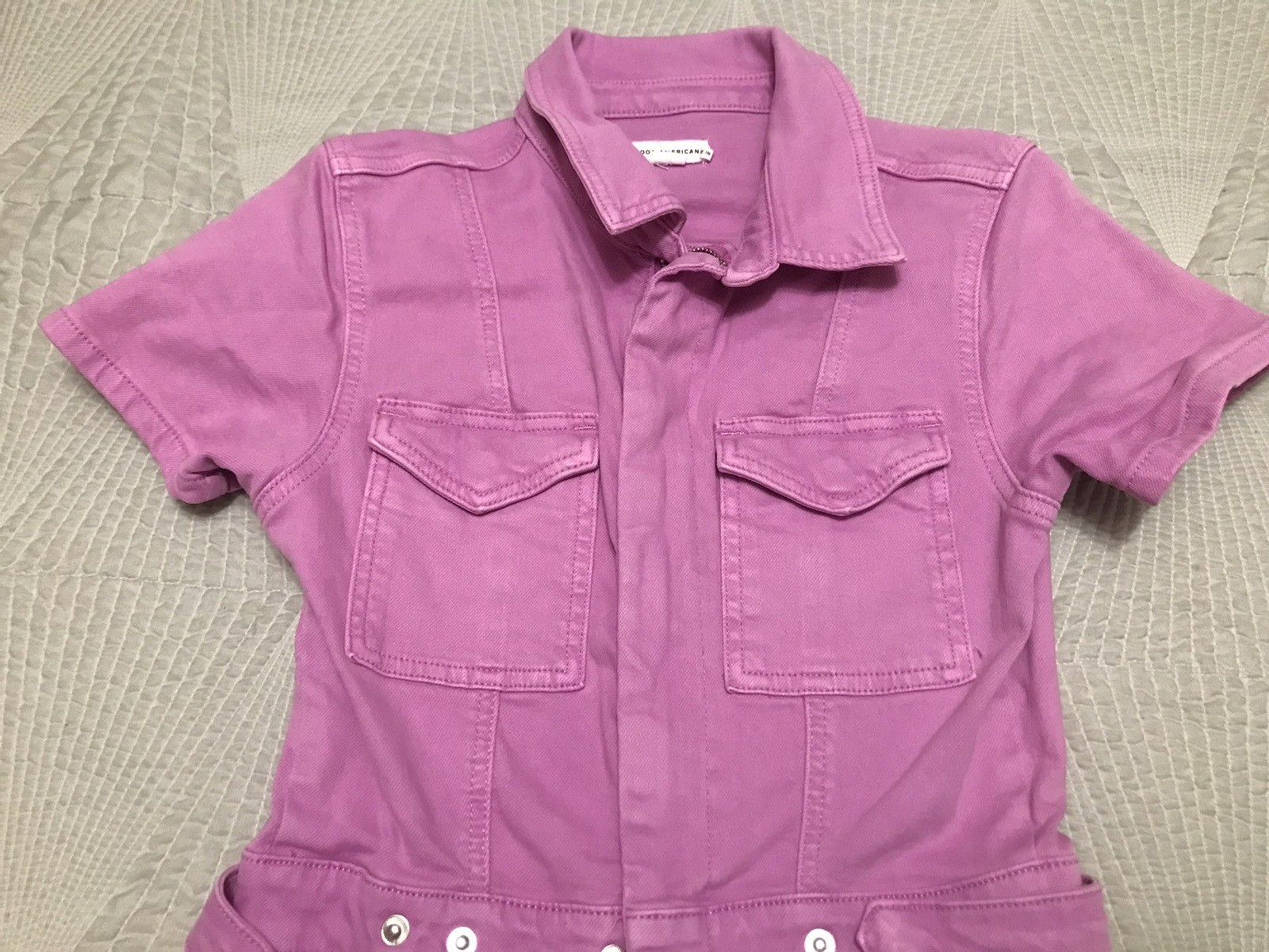 Good American Women Jumpsuit Size M Pink Denim Zip Pockets Collared Western