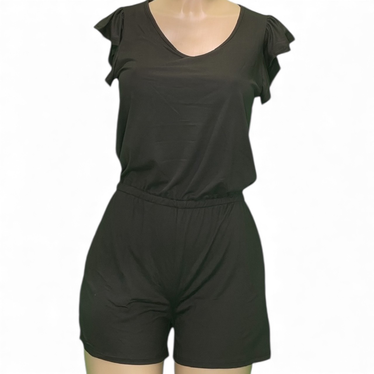 Women’s Ruffled Sleeveless Solid Black Romper with Elastic Waist & Tie NWT