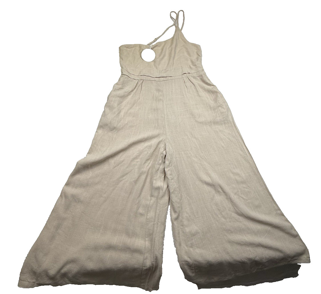 New Anrabess 1 Shoulder High Waist Wide Leg Linen Blend Jumpsuit Beige XL Summer