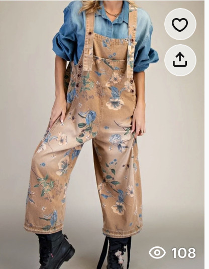 Easel Floral Overalls Khaki Denim with blue floral pattern. New Without Tags.