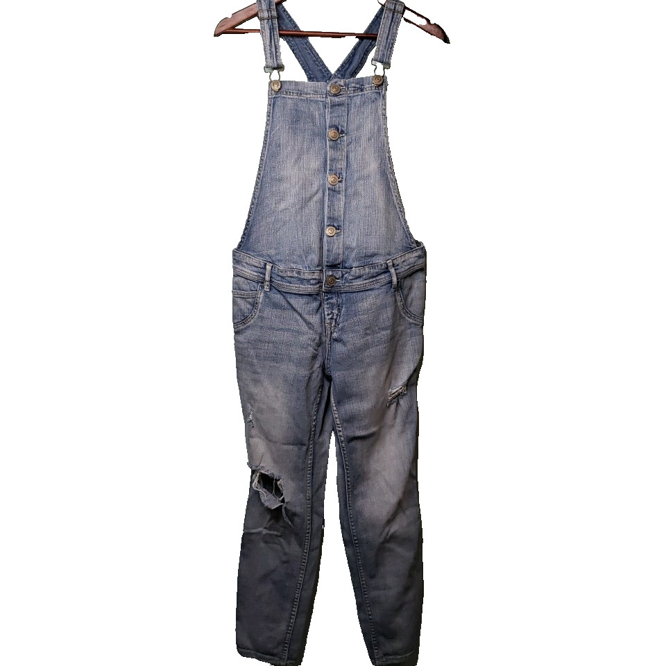 Indigo Blue Maternity Jeans Overalls Distressed Denim BUTTON FRONT Sz Small Cute