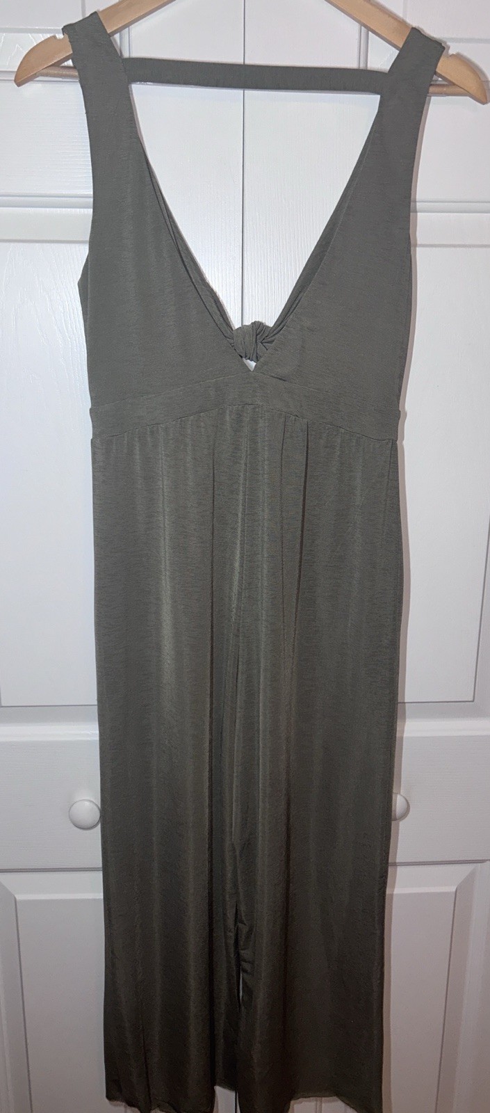 Daytrip Jumpsuit Romper Sz XS Green Gray Stretch Raw Hems Tie Knot V-Neck Empire
