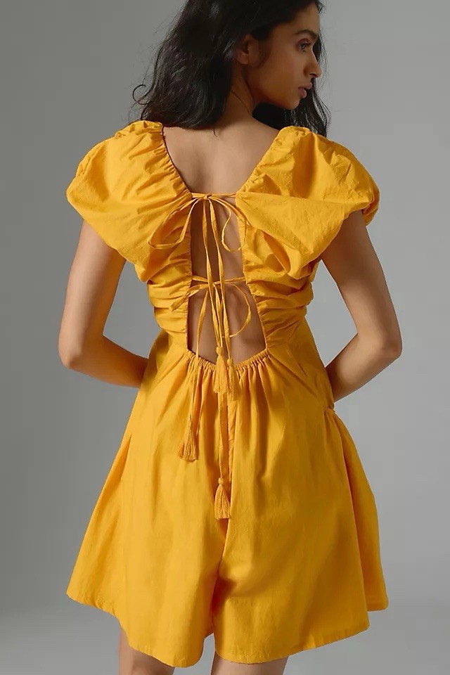 By Anthropologie Ruched V-Neck Romper Size M Orange