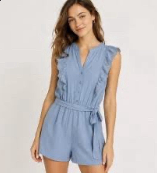 Monteau Los Angeles Women’s Medium Shorts Romper Blue Tie Belt Casual Outing