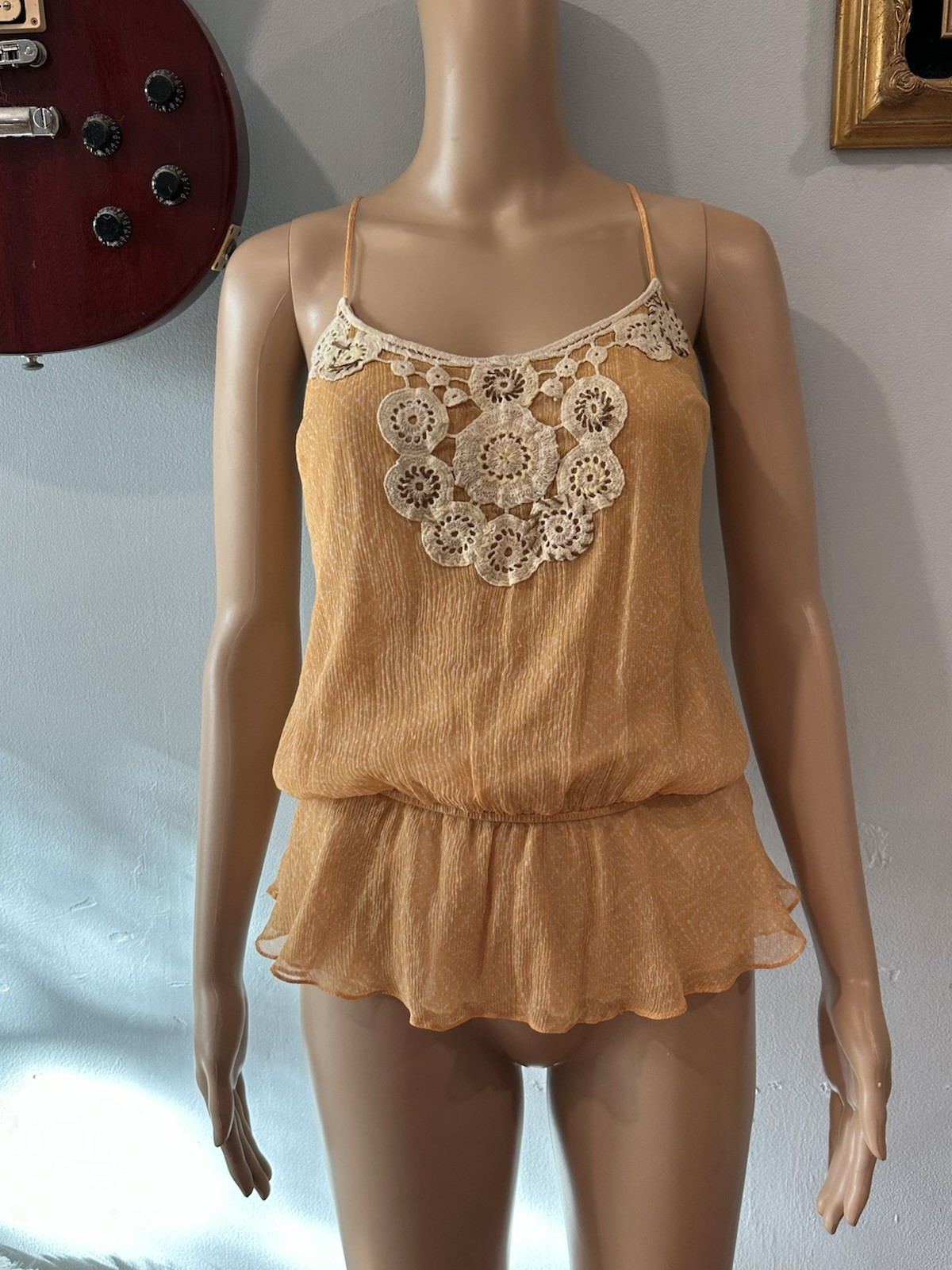 Free People Beige Lace Silk Romper Sleeveless Adjustable Straps Elastic Waist S