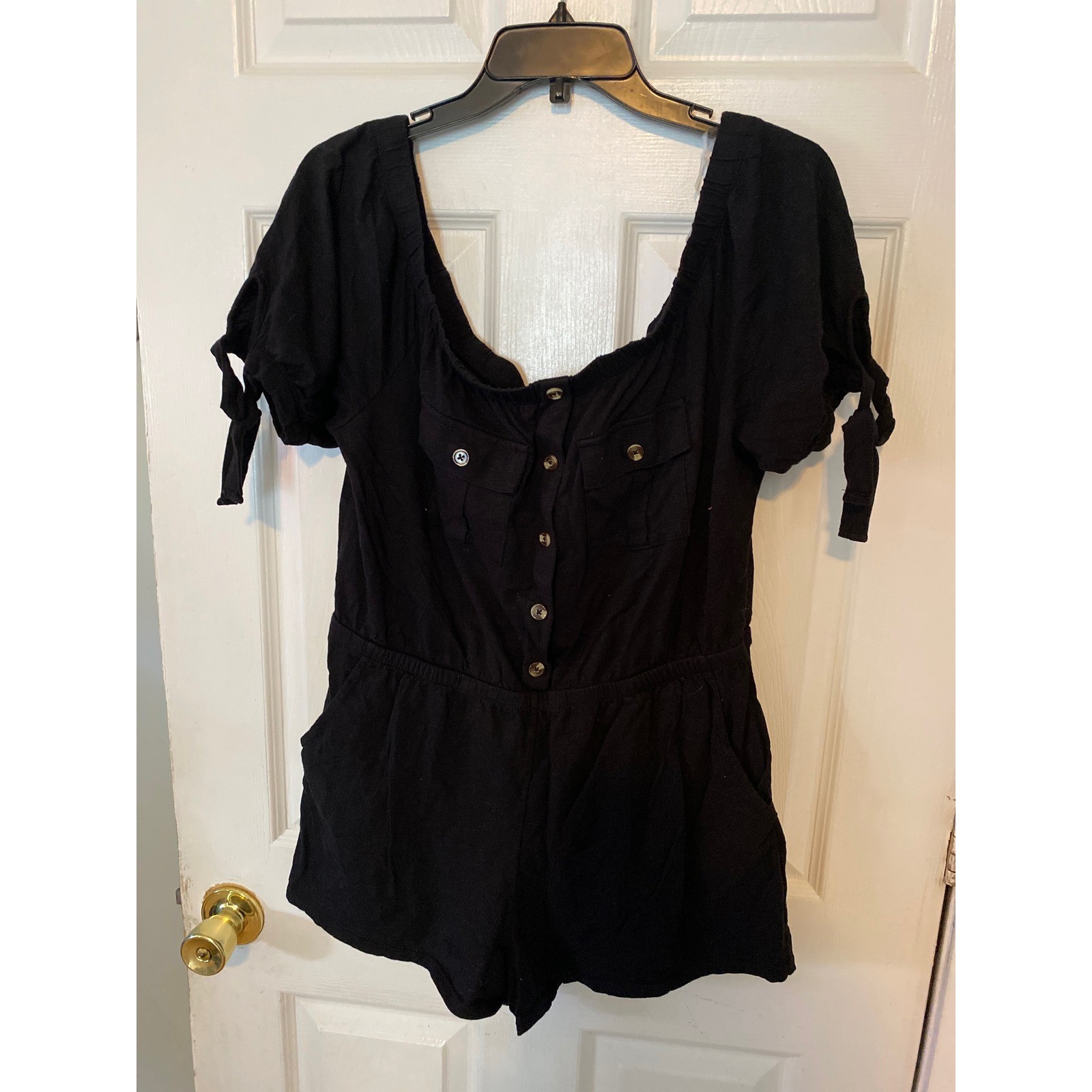 No Boundaries Black Button Down Romper XL 15-17 Tie Sleeve Utility Pockets Short