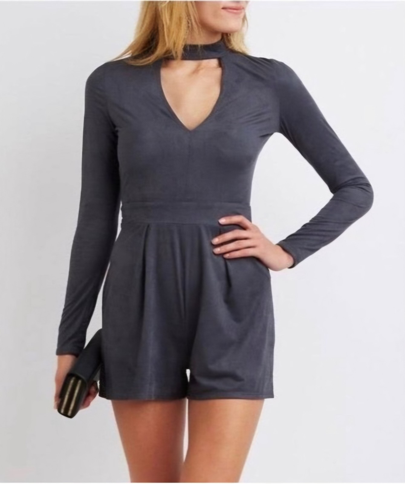 Charlotte Russe Grey Faux Suede Romper Medium Made In USA Women’s Long Sleeve