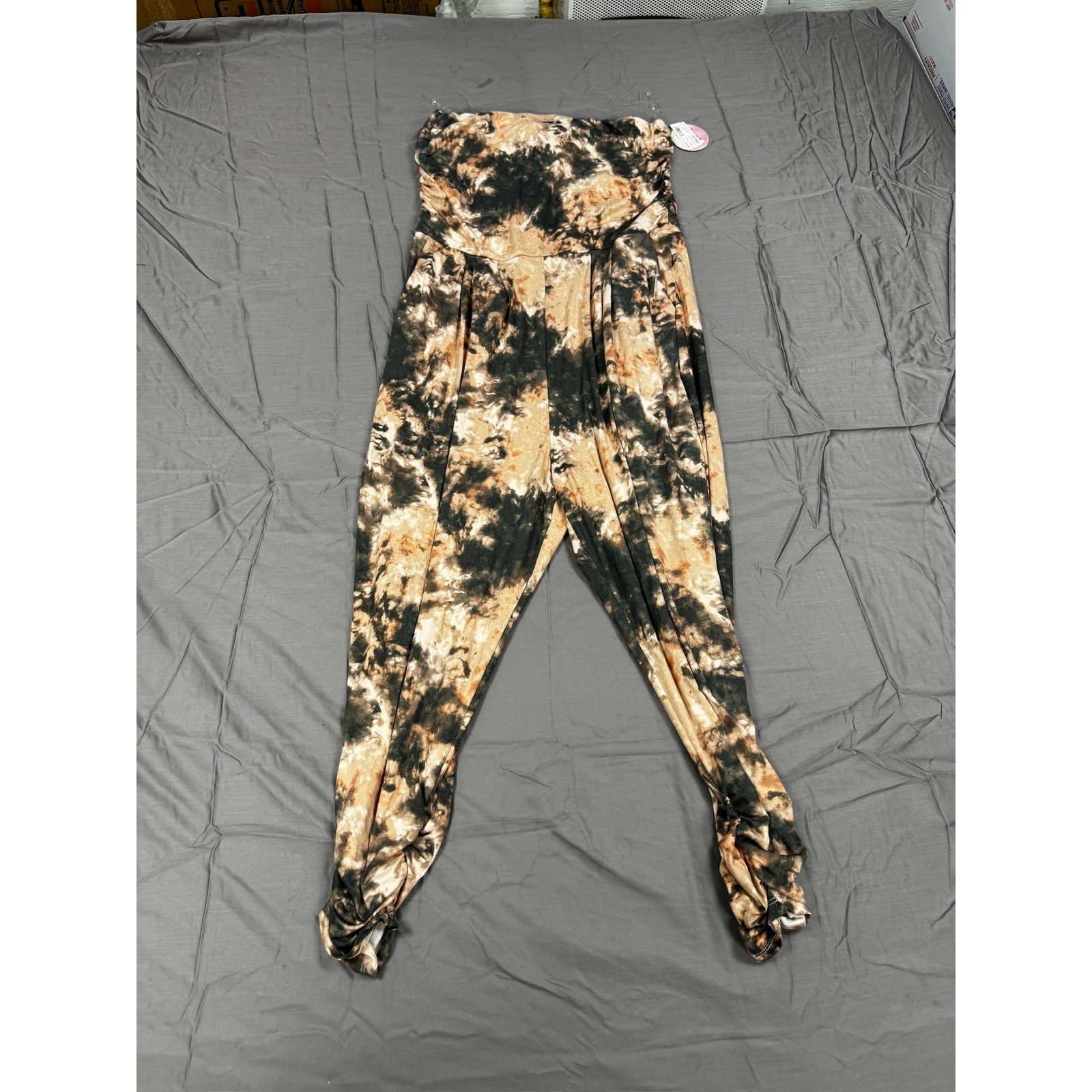 Full Circle Trends Women 3X Tie Dye Strapless Jumpsuit Brown Black Ruched Ankle