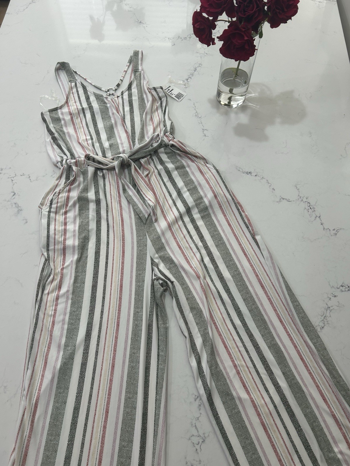 Derek Heart Striped Jumpsuit Womens M Sleeveless V-Neck Tie Waist Pockets NWT