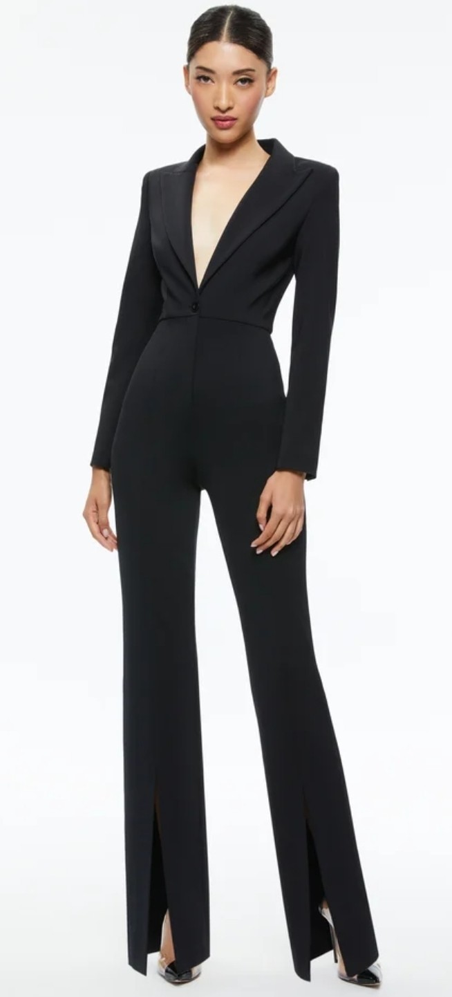 Alice + Olivia Donovan Blazer Fitted Jumpsuit Womens 6 Black Tuxedo Front Slit