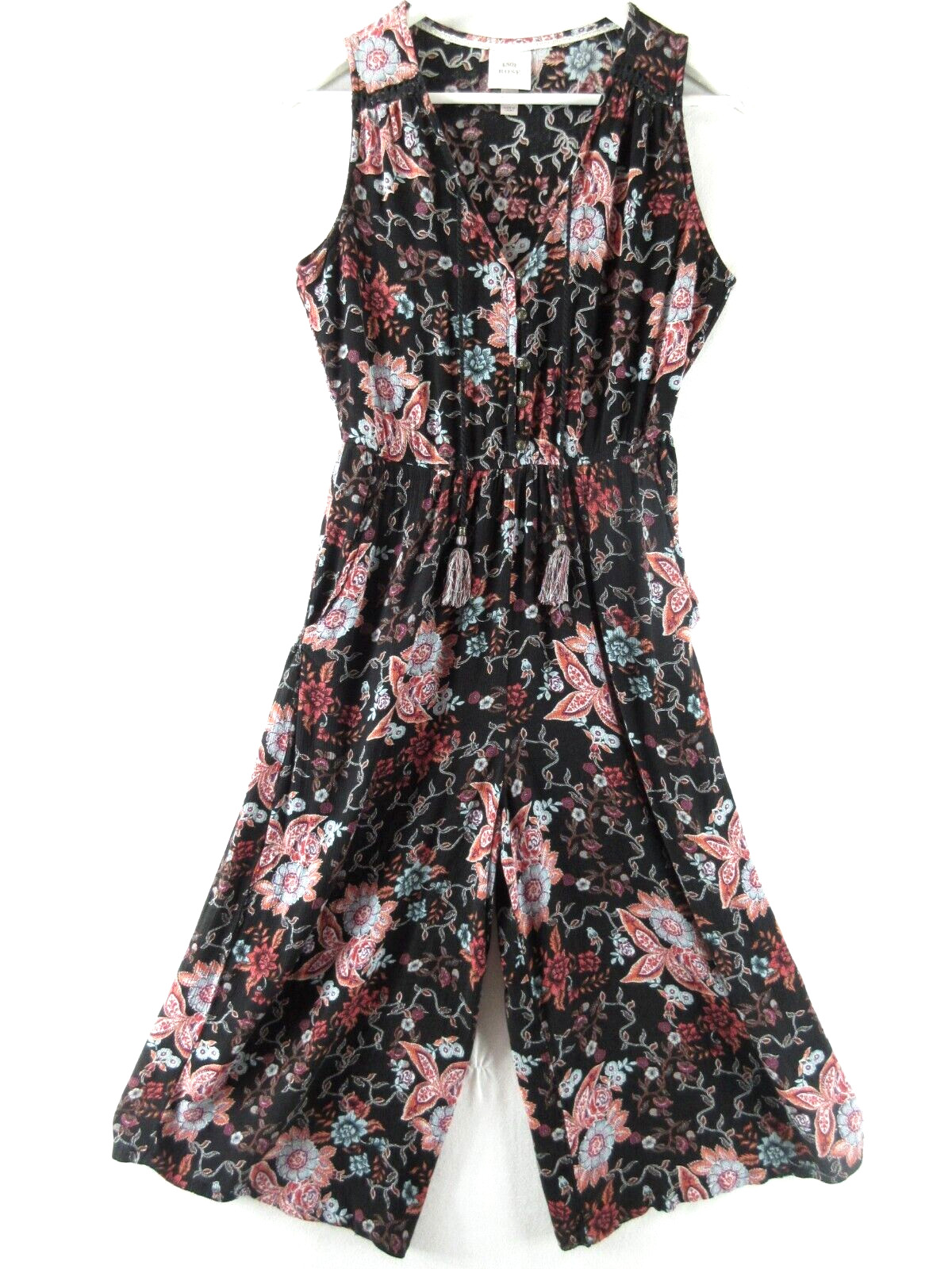 Knox Rose Jumper Suit Women S Black Floral Sleeveless Wide Leg Crop Pant POCKETS