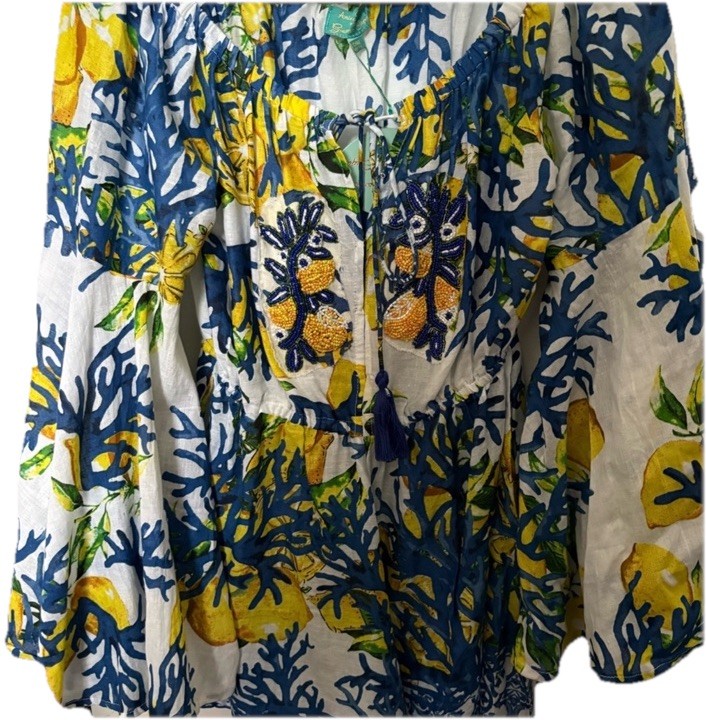 Antica Sartoria Lemon 🍋 Blue Yellow Off Shoulder Romper Nwt O/S