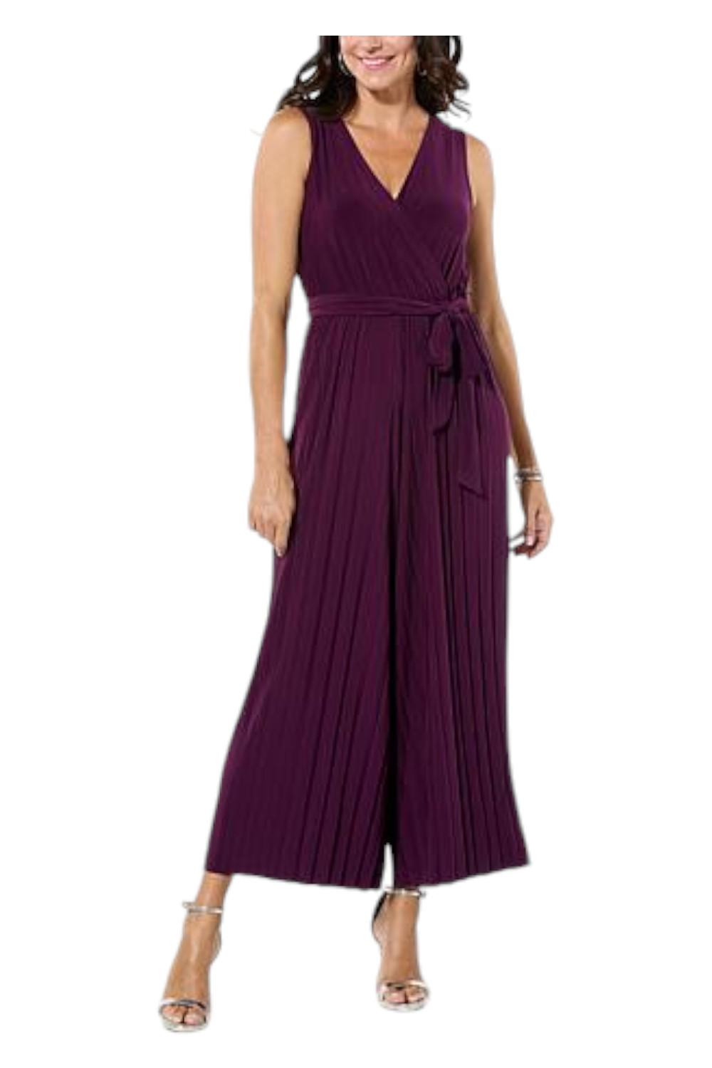 Nina Leonard Women’s Sleeveless Pleated Leg Jumpsuit Black Plum