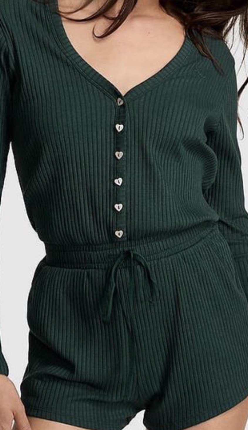 NWT Victoria’s Secret PINK Long Sleeve Ribbed Romper Drawstring Green Size XL