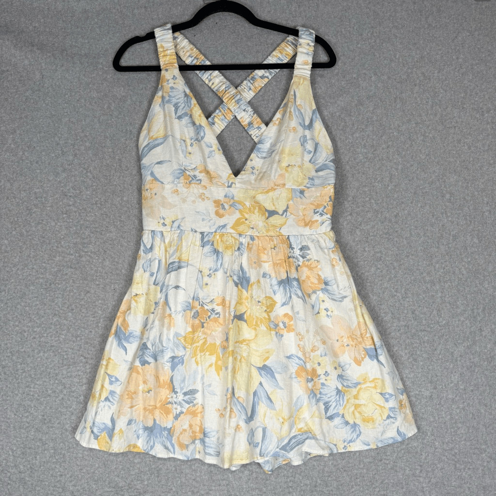 New Abercrombie & Fitch Women’s Large Blue Yellow Romper Floral Fit to Flatter