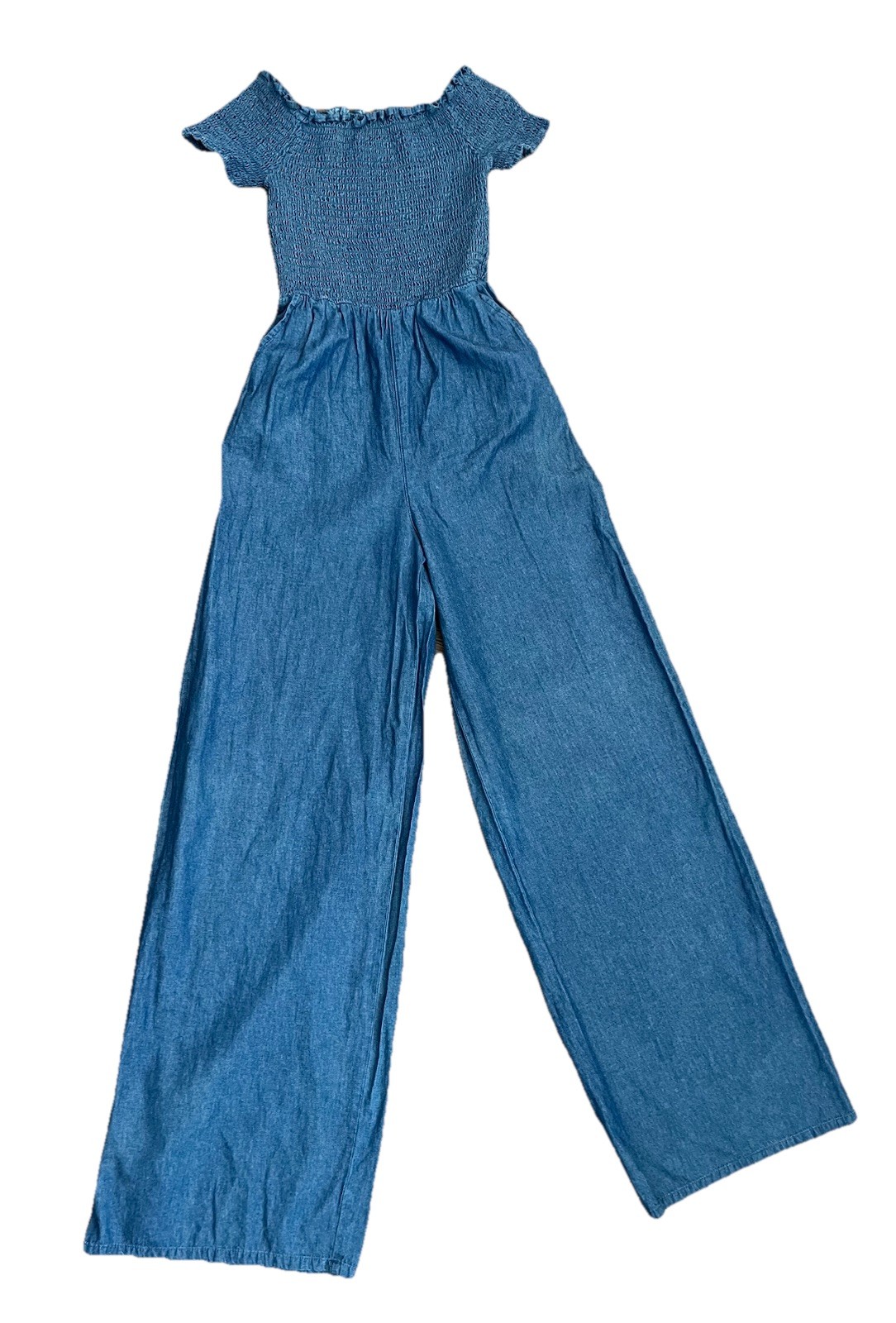 BLUE RAIN Women’s Blue Chambray Smocked Ellison Jumpsuit Pockets Wide Leg XXS