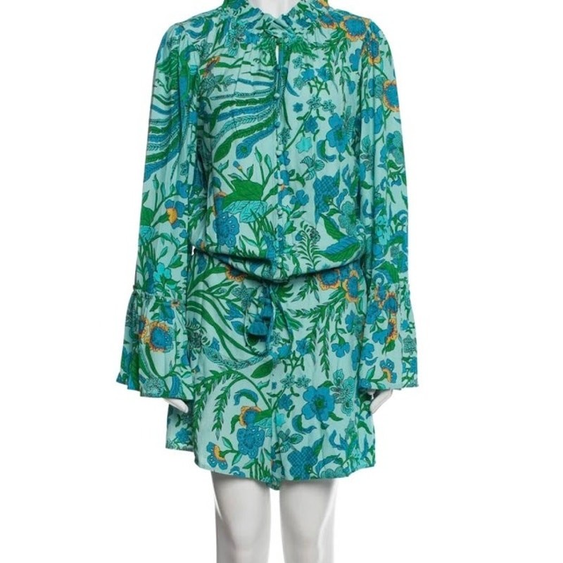 FIGUE Romper Floral Boho Tassel Waist Long Sleeve Blue Green Resortwear Size S