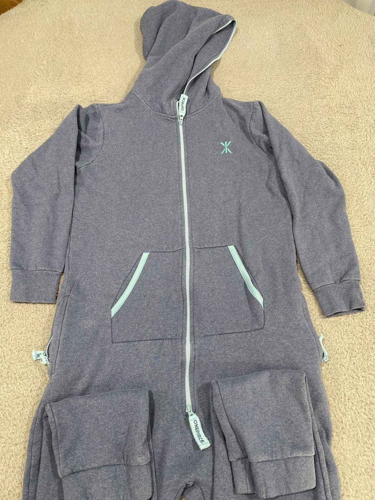 Onepiece Jumpsuit Womens Medium Blue Fleece Hooded Zip Pocket Lounge One-piece