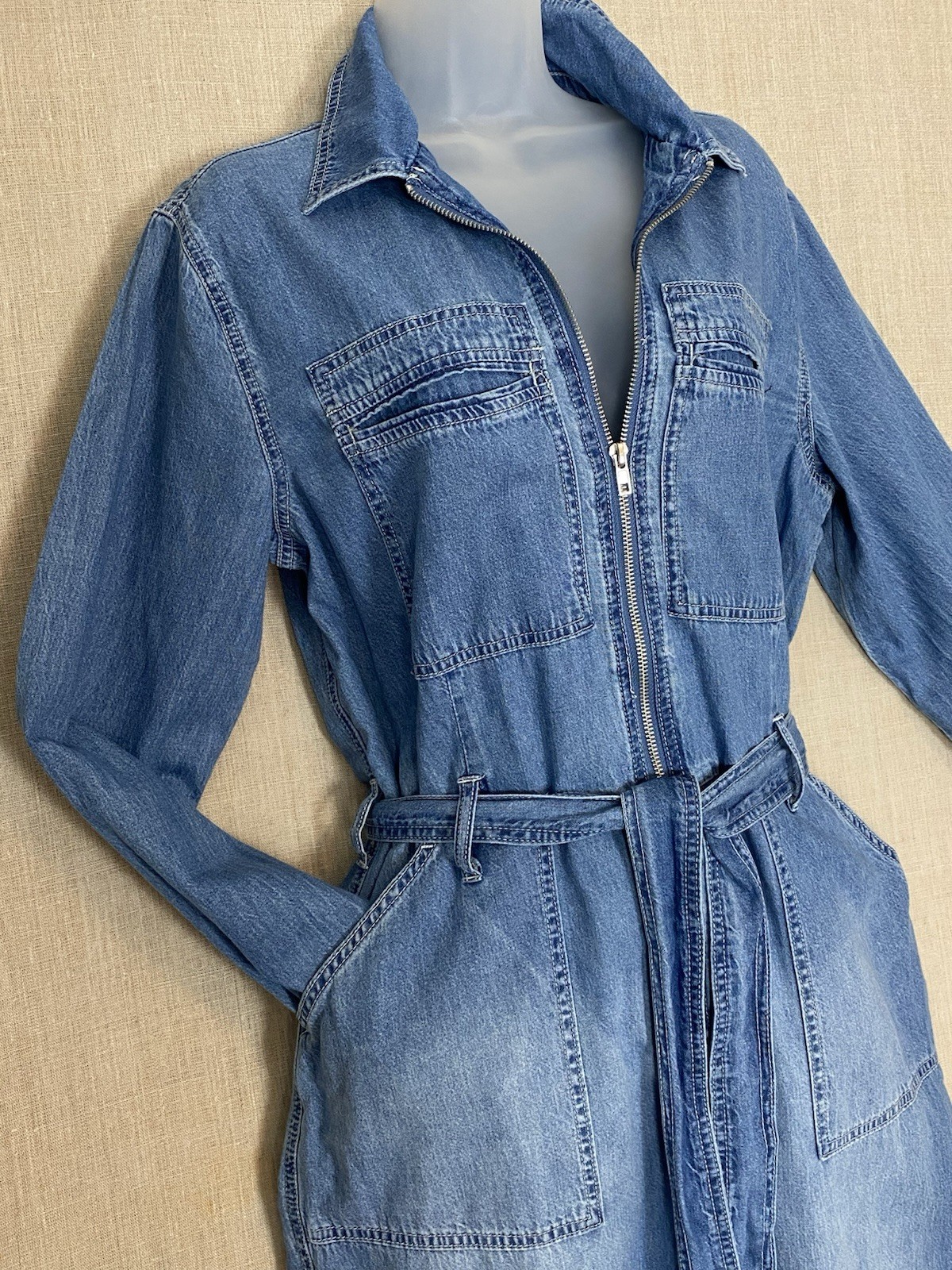 Denim Jumpsuit Sz 10 Indigo Blue Long Sleeve Lightweight Utility Boiler Suit