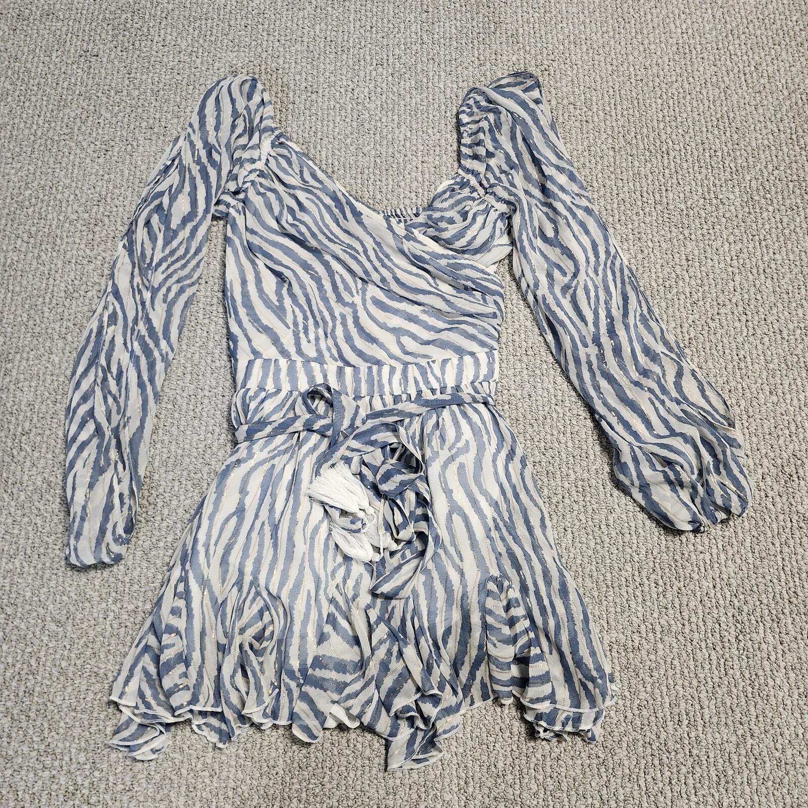 LUXXEL Blue and White Zebra Print Romper Long Sleeve with Ruffle Hem Size Medium