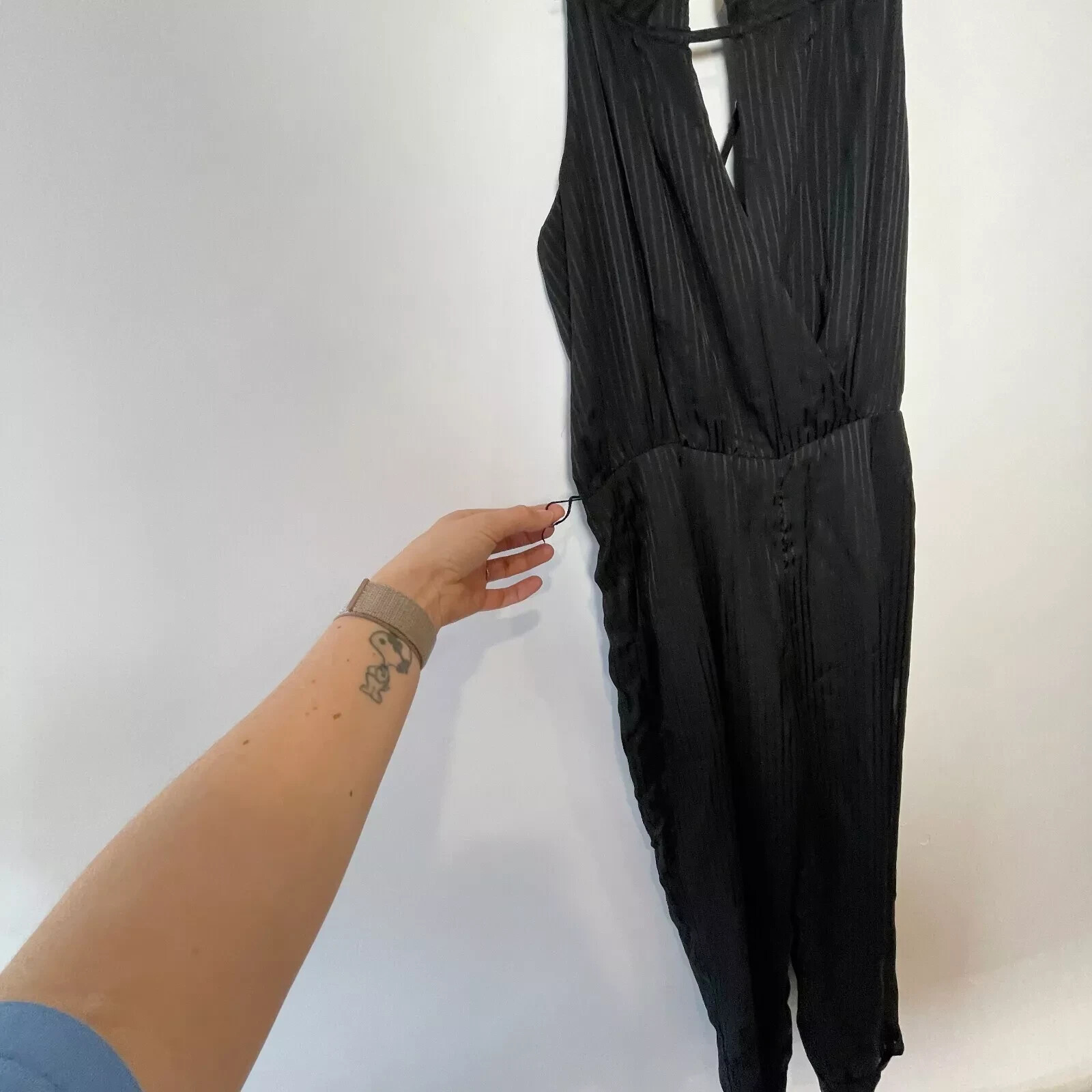 J.O.A Sleeveless Striped Black Jumpsuit Womens M Adjustable Strap Pockets NEW