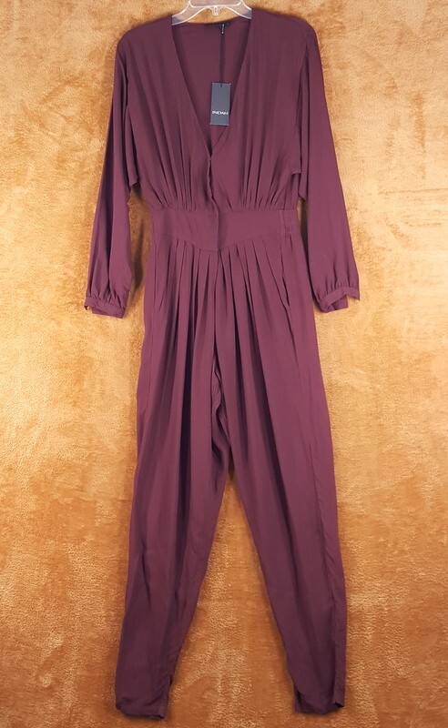INDAH Jumpsuit Womens Small Burgundy Pleated Tapered Leg Cinched Waist GIANYAR