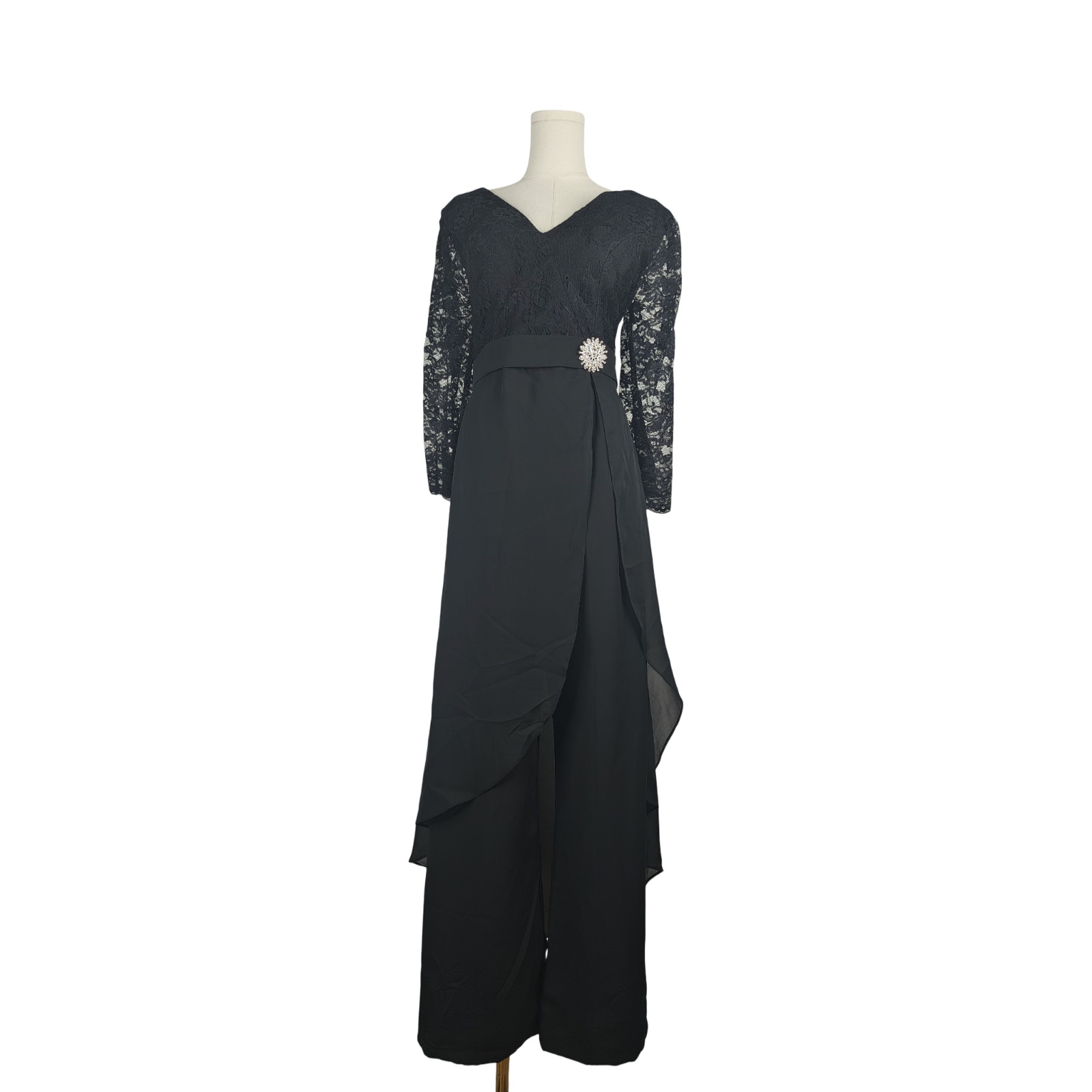 Women’s Black Formal Lace and Chiffon Asymmetrical Jumpsuit Set Sz. 12