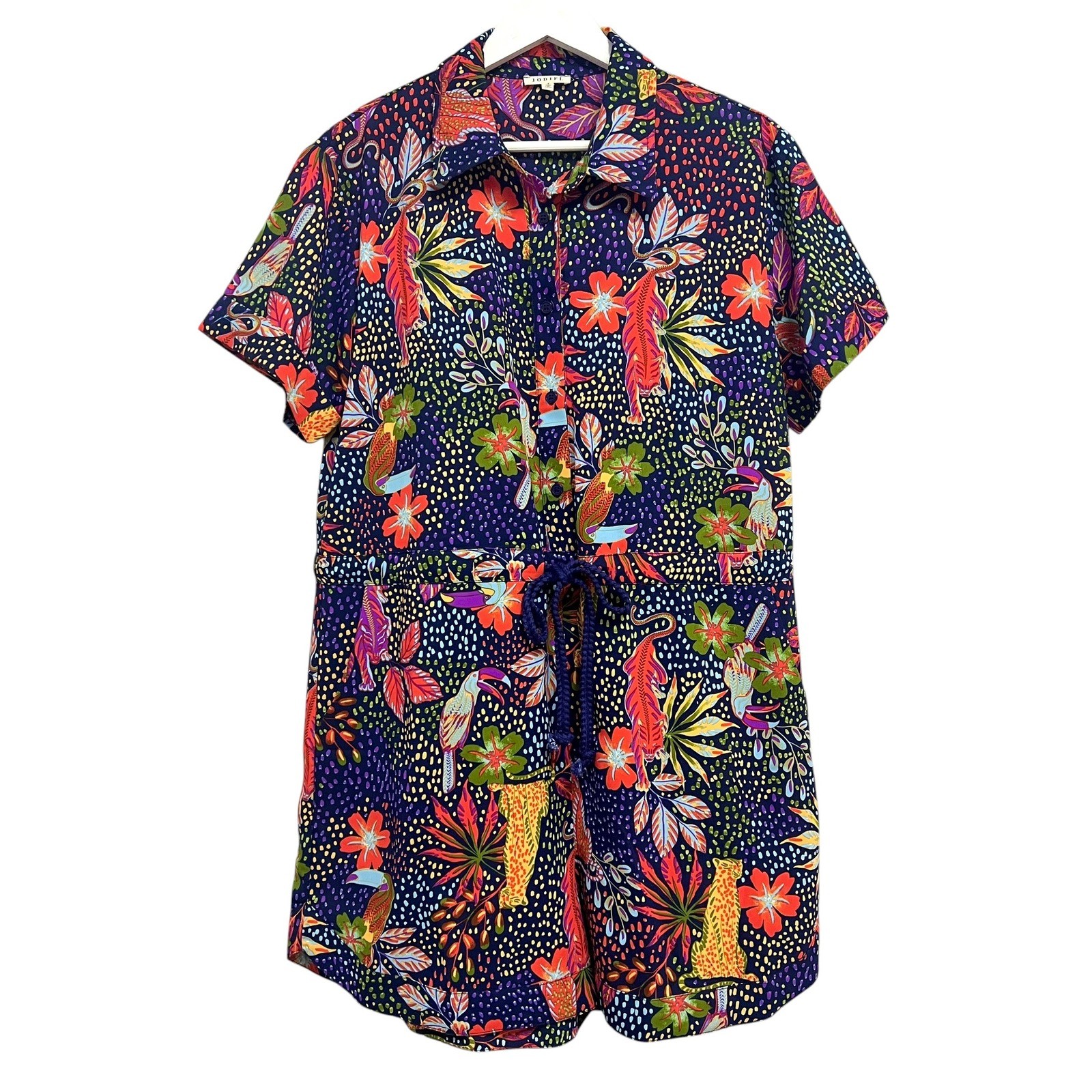 Jodifl Romper Womens Small Navy Jungle Tiger Toucan Print Drawstring Shorts