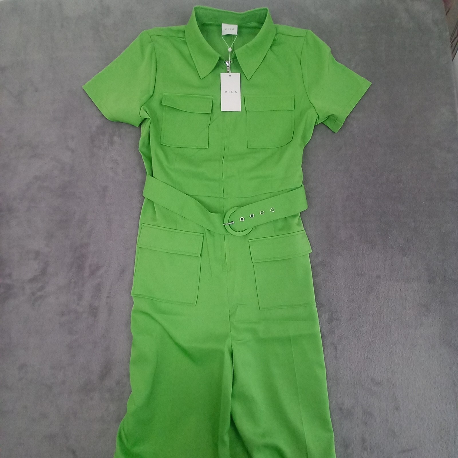 Vila Womens Jumpsuit Grass Green Short Sleeve Utility Y2K Belted Size 44 NWT